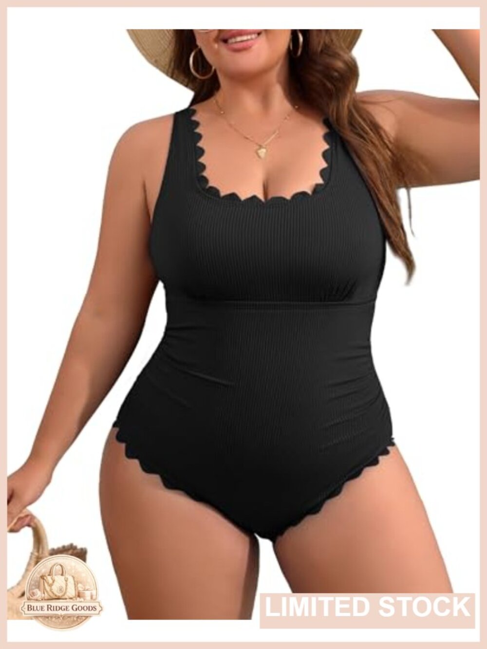 Tummy Control Scalloped Ribbed One Piece Swimsuit Plus Size Ruched Bathing Suit